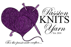 Purple heart with knit stitches, yarn ball, crochet hook and knitting needle. 